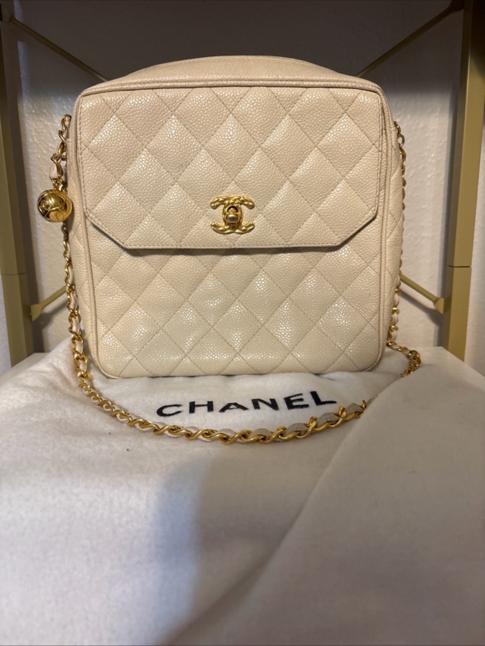 CHANEL Cream Quilted Caviar Leather Square Crossbody with Gold Hardware